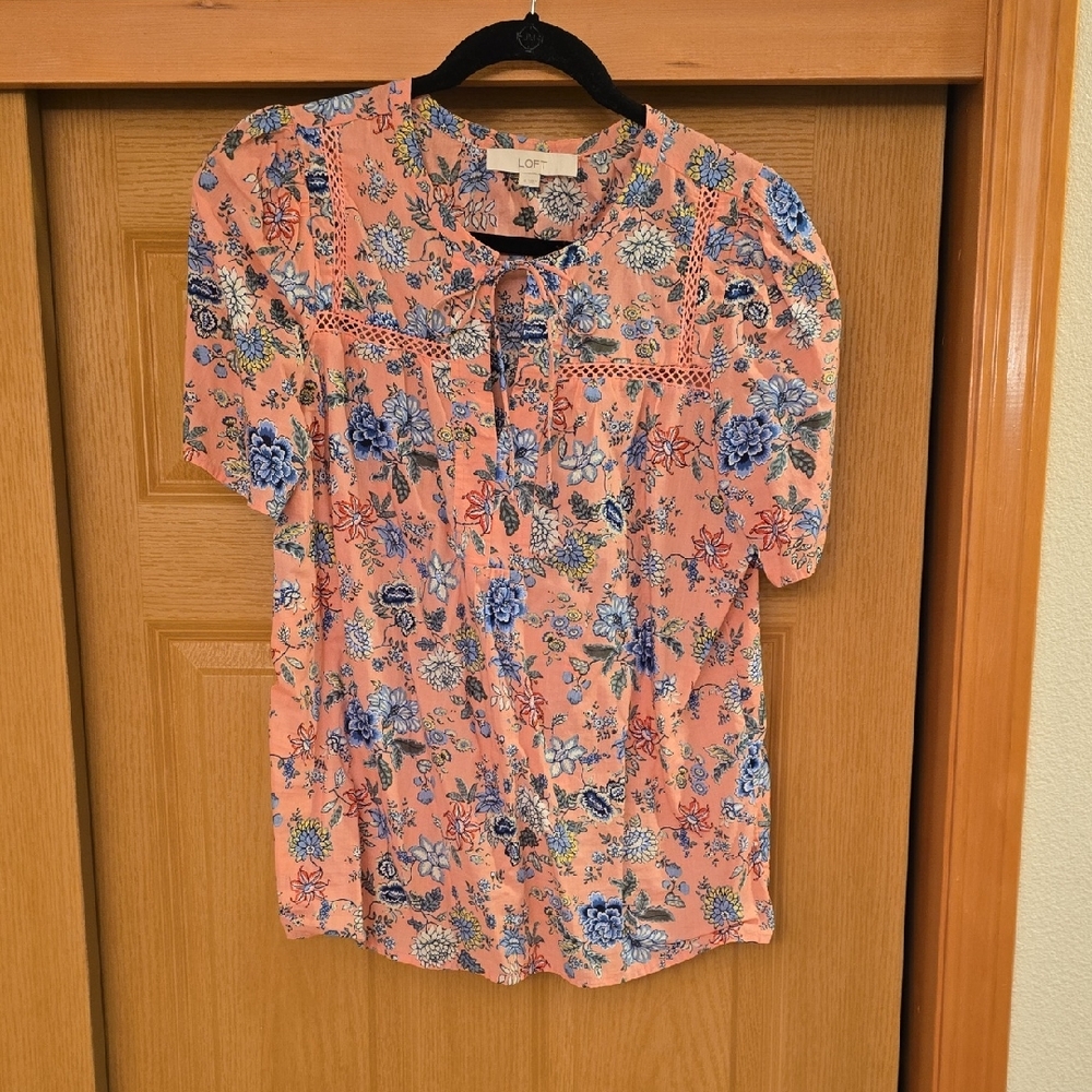 LOFT Pink Buttoned Blouse with Bib Collar